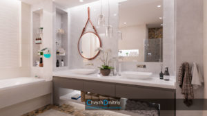 Санузел при спальне, ванна, душ, унитаз, биде, два умывальника